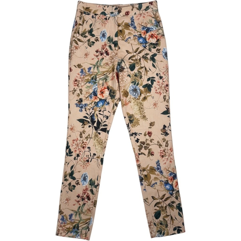 Studio F Women's Pants Size 2 Beige Multicolor Floral Print Slim Fit Trousers